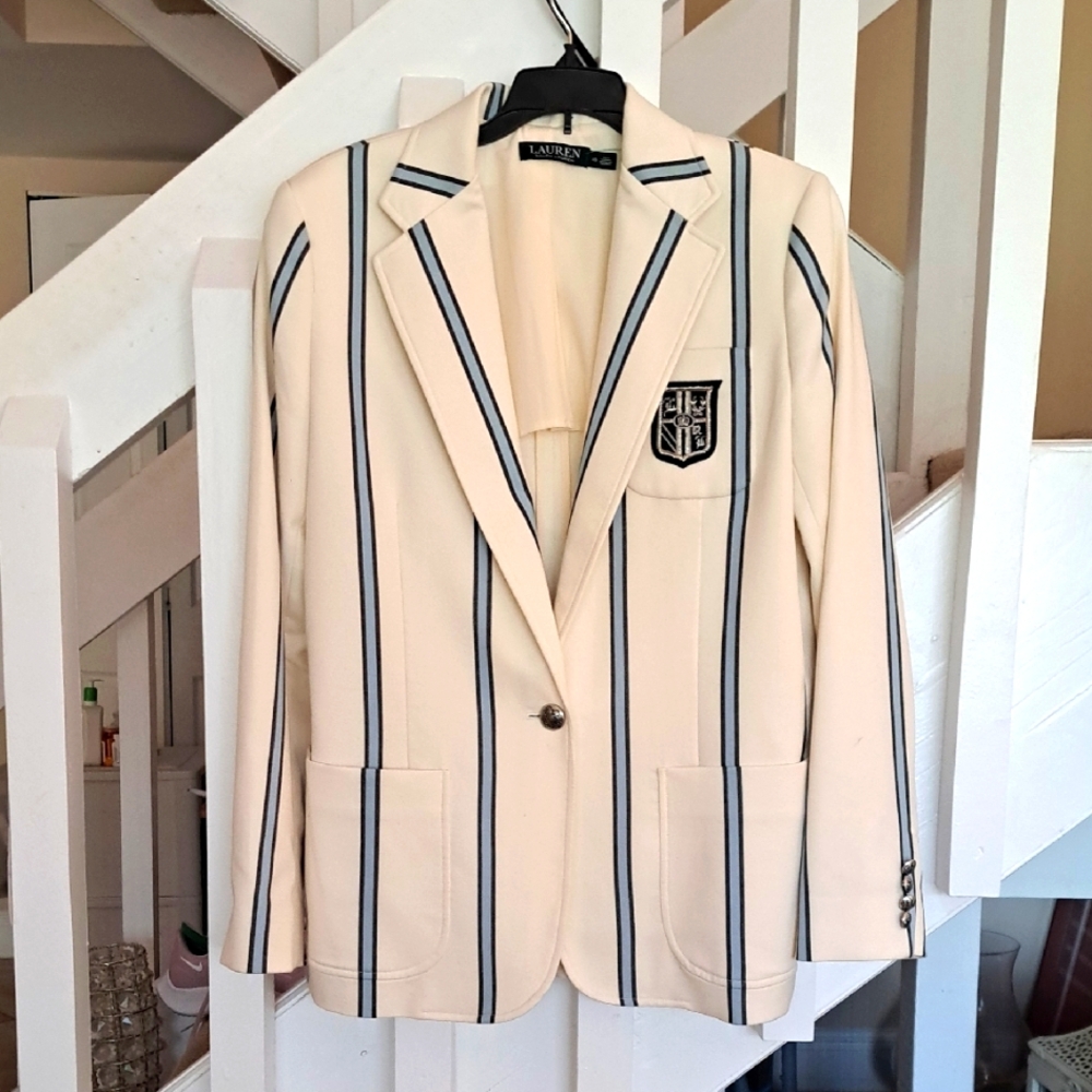 Ralph Lauren Cream W/ Blue/ Black Stripes. RL Crest on Pocket 1Button Front Sz10
